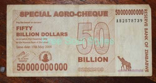 Set of 2 Zimbabwe 50 Billion Dollars - Special Agro Cheque - Fair Condition
