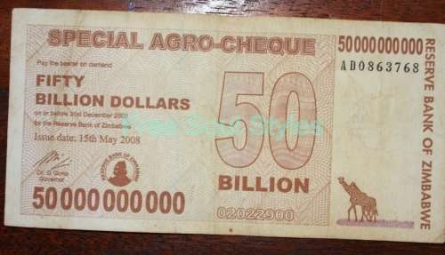 Set of 2 Zimbabwe 50 Billion Dollars - Special Agro Cheque - Fair Condition