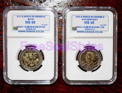 Twosome of SARB R5 SANGS Graded MS65 and Nelson Mandela 90th Birthday R5 MS66