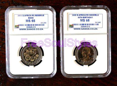 Twosome of SARB R5 SANGS Graded MS65 and Nelson Mandela 90th Birthday R5 MS66