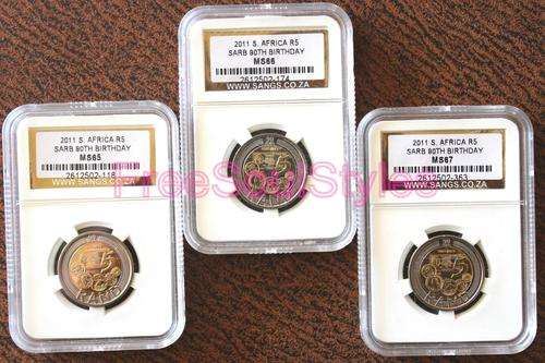 Awesome Trio of SANGS Graded MS65, MS66 and MS67 SARB R5 Coins