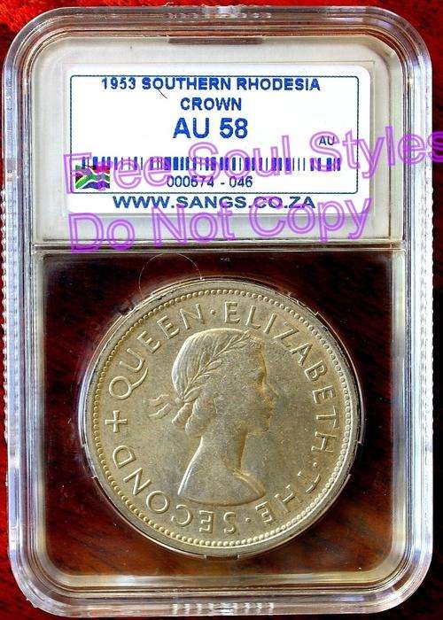 1953 ONLY 1 ON BOB!!!! Southern Rhodesia Crown SANGS Graded AU 58
