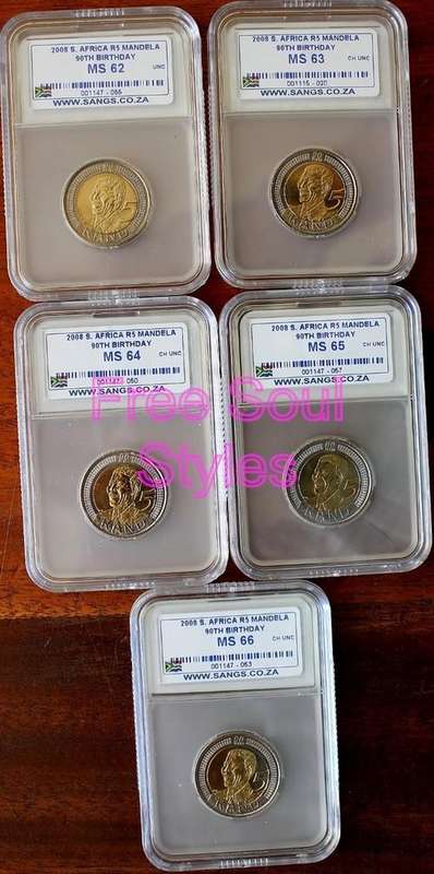 Set of 5 2008 90th Birthday Mandela R5 Coins SANGS Graded MS 62, 63, 64, 65 and 66
