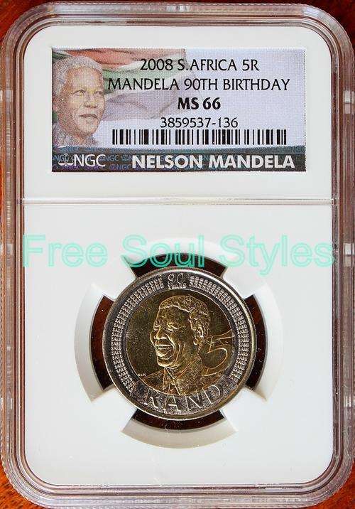 New Label - 2008 90th Birthday Mandela R5 Coin NGC Graded MS 66