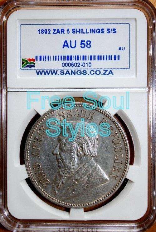 Stunning!! 1892 ZAR 5 Shillings SANGS Graded AU 58