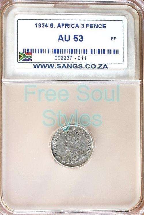 1934 3 Pence SANGS Graded AU 53 - Catalogue Value R750.00
