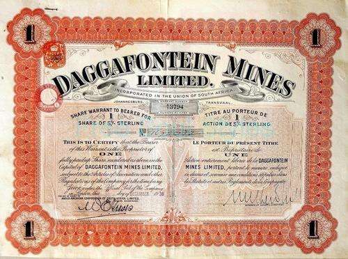 1936 Anglo American's Daggafontein Shares Certificate and Share Coupons