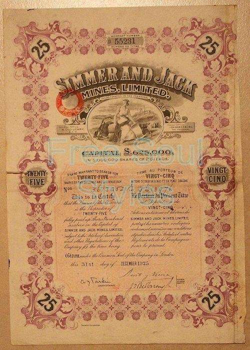 1925 Simmer & Jack Mine's 25 Share Certificate