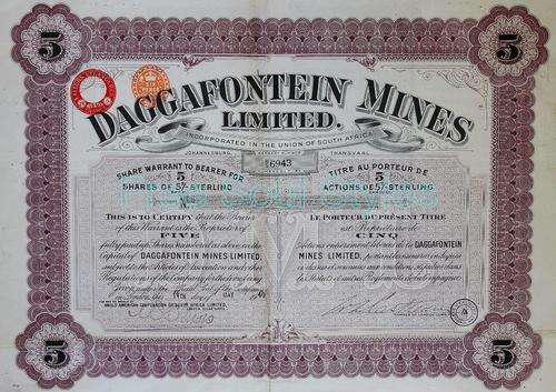 1940 Daggafontein Mine Original 5 Share Certificate
