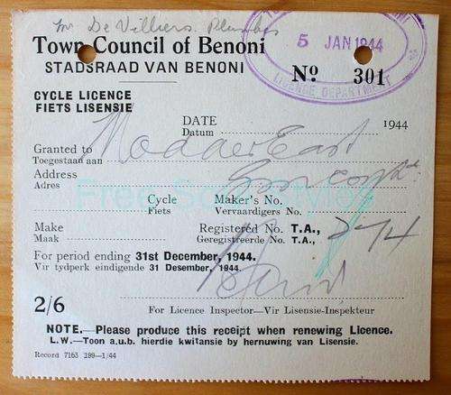 1944 Benoni Cycle Licence Issued to Modder East Mine
