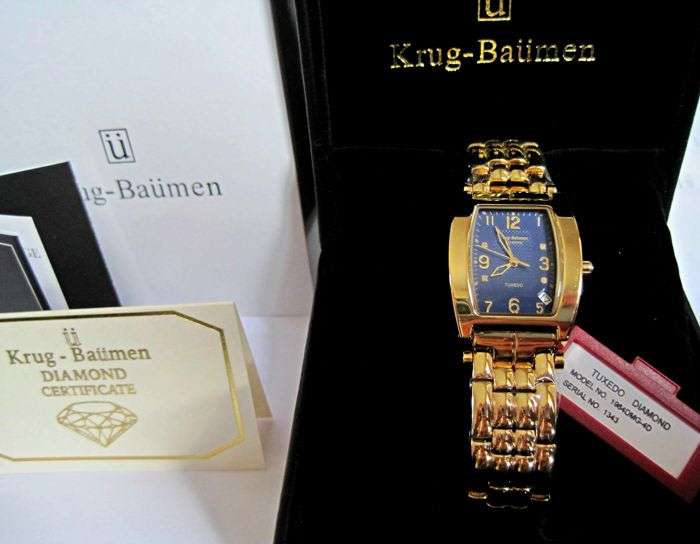 Brand New!!! Krug-Baumen MEN Tuxedo Gold  4X Genuine Diamond Blue Dial Gold Strap Watch