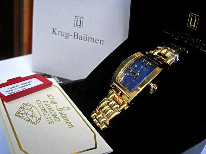 Brand New!!! Krug-Baumen MEN Tuxedo Gold  4X Genuine Diamond Blue Dial Gold Strap Watch