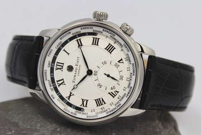 New £395 RRP Edward East Stainless Steel WORLDTIMER Mens Black Leather Watch