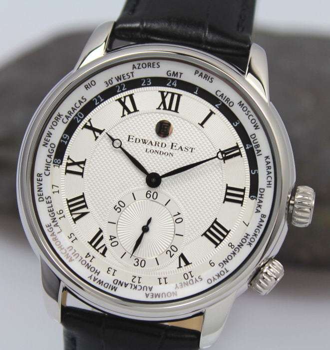 New £395 RRP Edward East Stainless Steel WORLDTIMER Mens Black Leather Watch