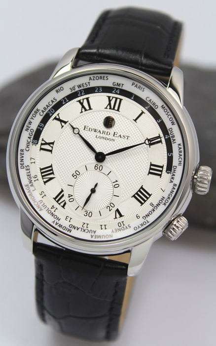 New £395 RRP Edward East Stainless Steel WORLDTIMER Mens Black Leather Watch