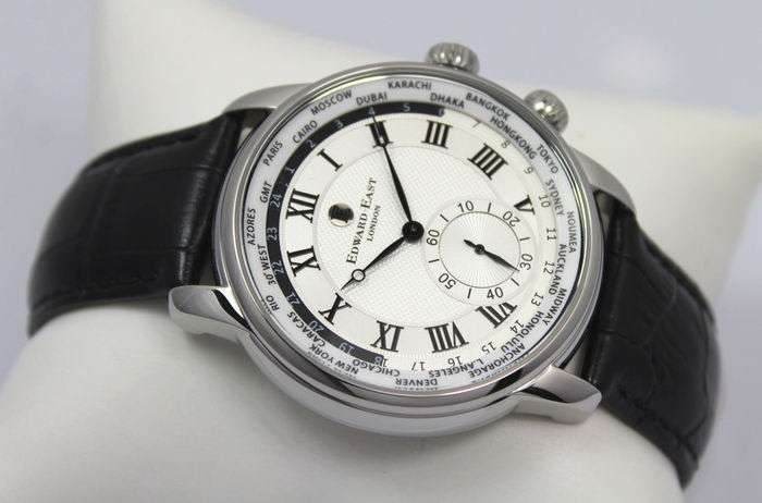 New £395 RRP Edward East Stainless Steel WORLDTIMER Mens Black Leather Watch