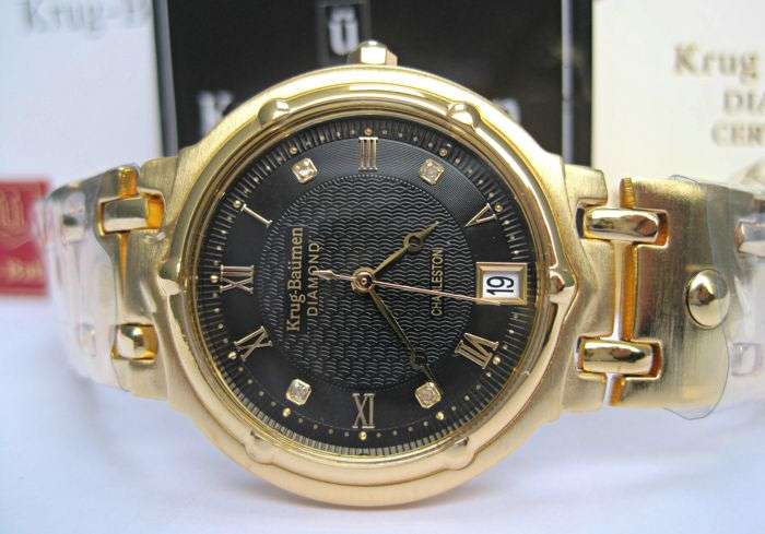 Retail: R10,714.00** Krug-Baumen MEN Charleston 4 Diamond Black Dial Gold Strap Watch