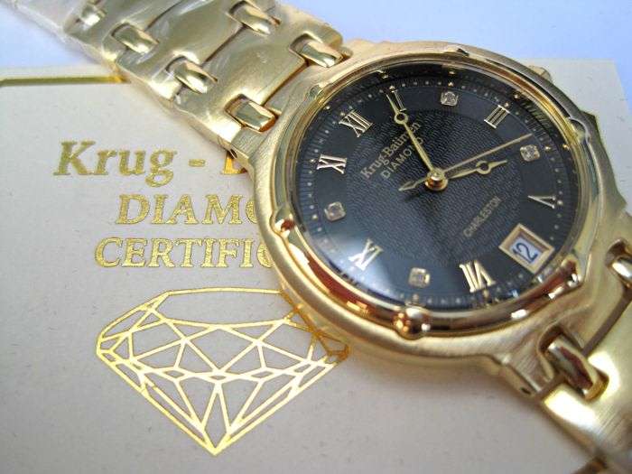 Retail: R10,714.00** Krug-Baumen MEN Charleston 4 Diamond Black Dial Gold Strap Watch