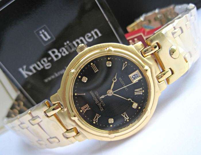 Retail: R10,714.00** Krug-Baumen MEN Charleston 4 Diamond Black Dial Gold Strap Watch