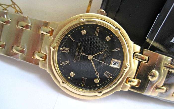 Retail: R10,714.00** Krug-Baumen MEN Charleston 4 Diamond Black Dial Gold Strap Watch