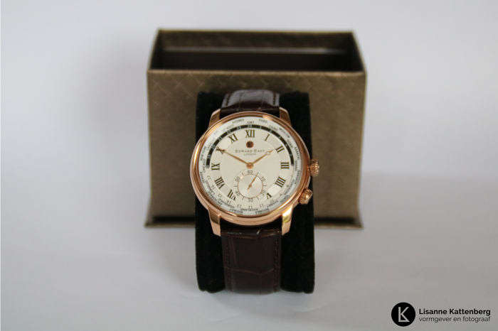 New £395 RRP Edward East ROSE GOLD WORLDTIMER Mens Black Leather Watch