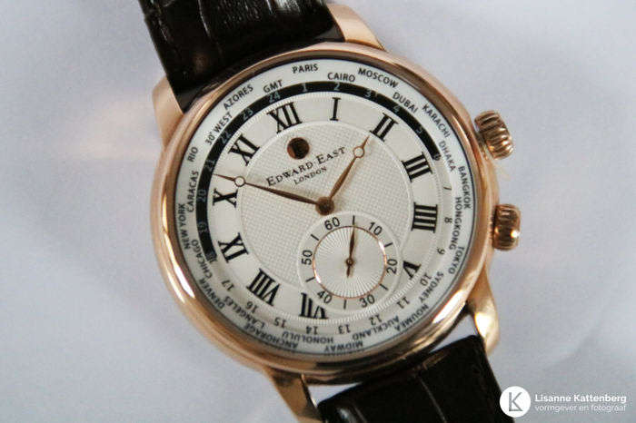 New £395 RRP Edward East ROSE GOLD WORLDTIMER Mens Black Leather Watch
