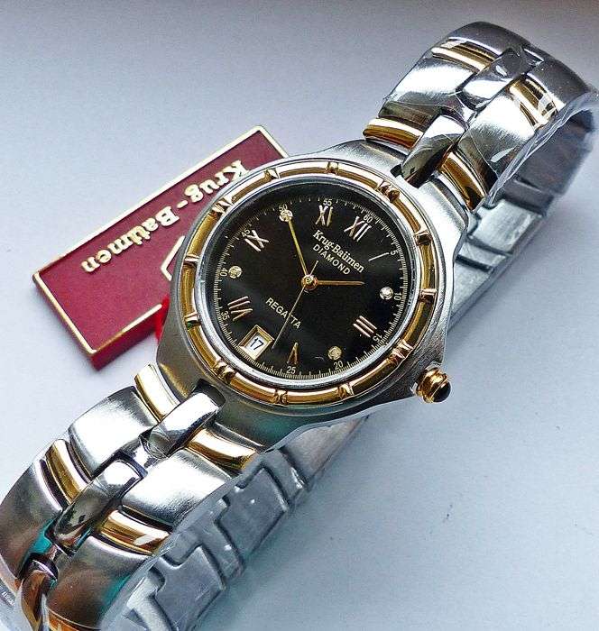 RETAIL: R10,097.17 Krug Baumen LADIES Regatta 4X Genuine Diamond Black Dial Two Tone Watch