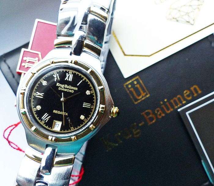 RETAIL: R10,097.17 Krug Baumen LADIES Regatta 4X Genuine Diamond Black Dial Two Tone Watch