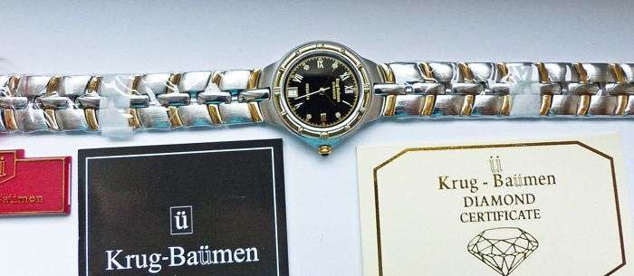 RETAIL: R10,097.17 Krug Baumen LADIES Regatta 4X Genuine Diamond Black Dial Two Tone Watch