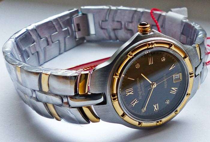 RETAIL: R10,097.17 Krug Baumen LADIES Regatta 4X Genuine Diamond Black Dial Two Tone Watch