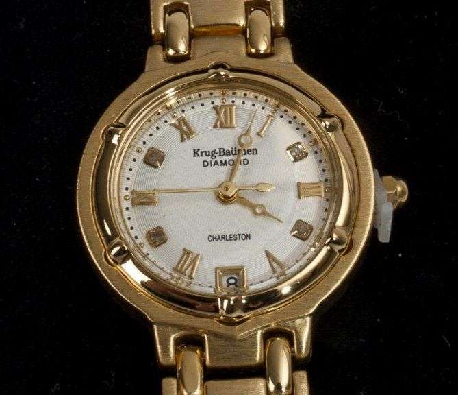 R1 AUCTION!! RRP £585 Krug Baumen Ladies Charleston 4 Diamond White Dial 18K Gold  Strap Watch