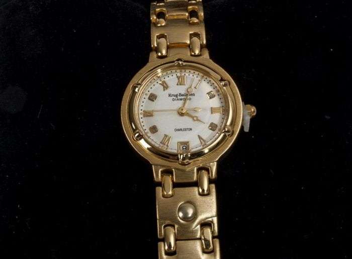 R1 AUCTION!! RRP £585 Krug Baumen Ladies Charleston 4 Diamond White Dial 18K Gold  Strap Watch