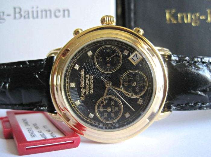 Brand new!!! Krug Baumen WOMEN Principle CHRONO Gold 8X Genuine Diamond Blue Leather Watch RRP £790
