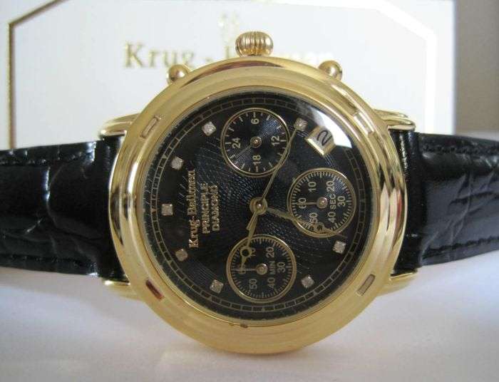 Brand new!!! Krug Baumen WOMEN Principle CHRONO Gold 8X Genuine Diamond Blue Leather Watch RRP £790