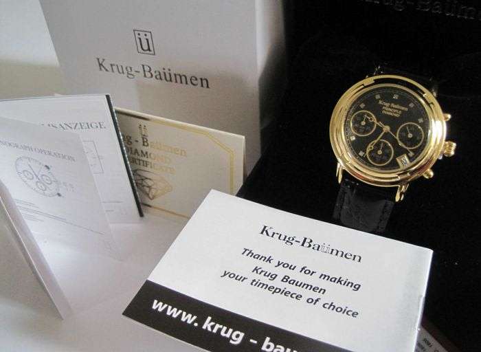 Brand new!!! Krug Baumen WOMEN Principle CHRONO Gold 8X Genuine Diamond Blue Leather Watch RRP £790