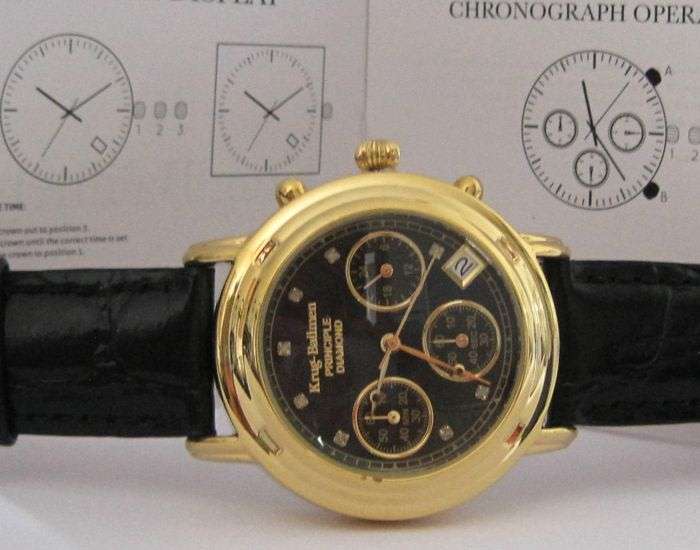 Brand new!!! Krug Baumen WOMEN Principle CHRONO Gold 8X Genuine Diamond Blue Leather Watch RRP £790