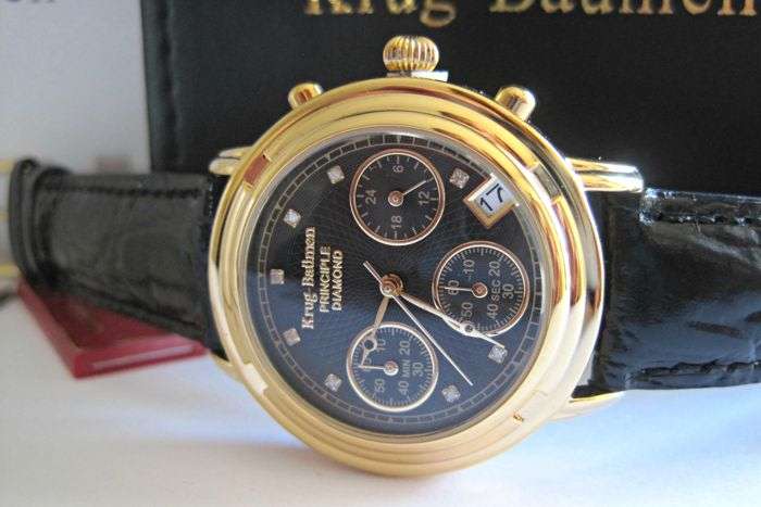 Brand new!!! Krug Baumen WOMEN Principle CHRONO Gold 8X Genuine Diamond Blue Leather Watch RRP £790