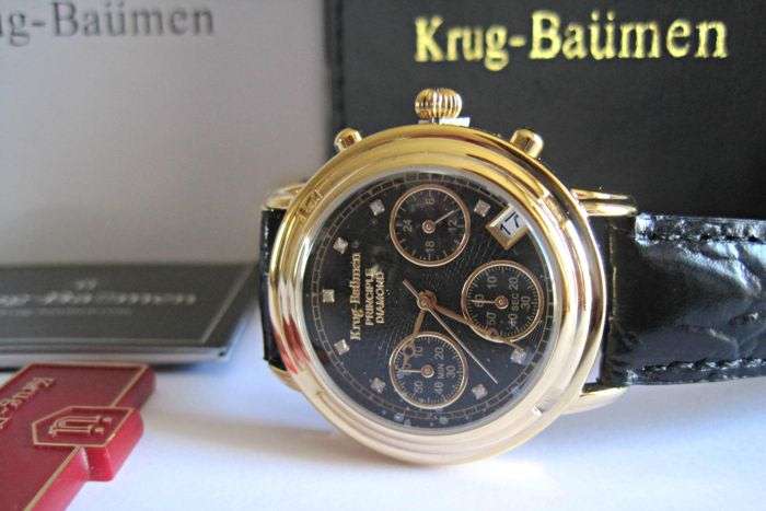 Brand new!!! Krug Baumen WOMEN Principle CHRONO Gold 8X Genuine Diamond Blue Leather Watch RRP £790