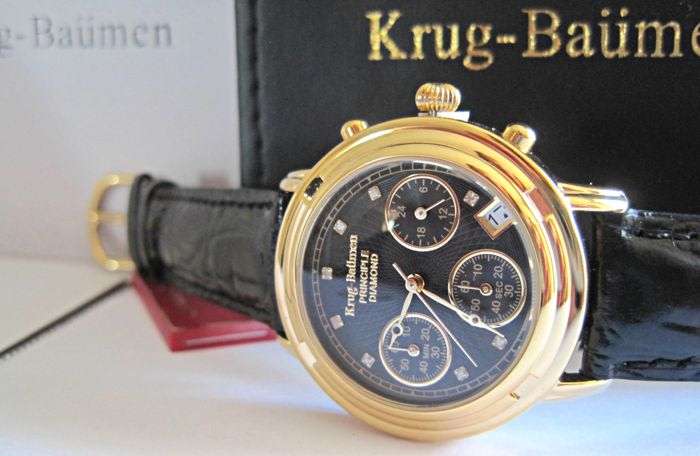 Brand new!!! Krug Baumen WOMEN Principle CHRONO Gold 8X Genuine Diamond Blue Leather Watch RRP £790