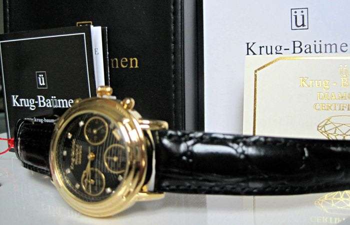 Brand new!!! Krug Baumen WOMEN Principle CHRONO Gold 8X Genuine Diamond Blue Leather Watch RRP £790