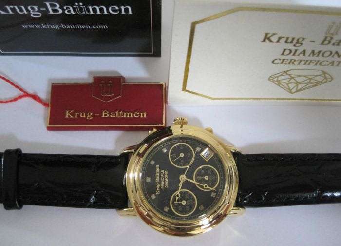 Brand new!!! Krug Baumen WOMEN Principle CHRONO Gold 8X Genuine Diamond Blue Leather Watch RRP £790