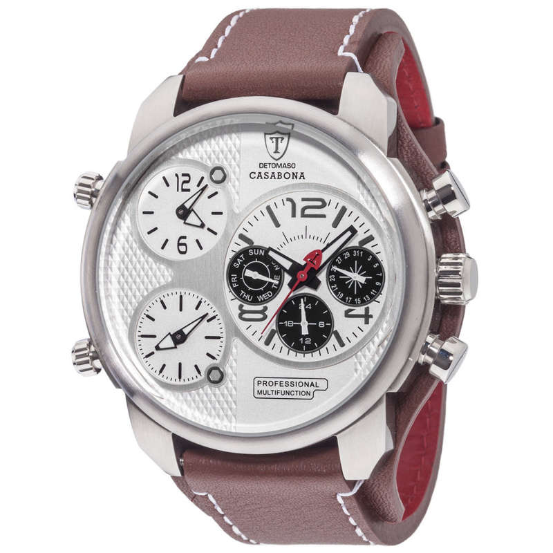 3 Time Zone* DETOMASO Casabona Mens Watch XXL Multifunction Stainless Steel Brown Leather Watch New