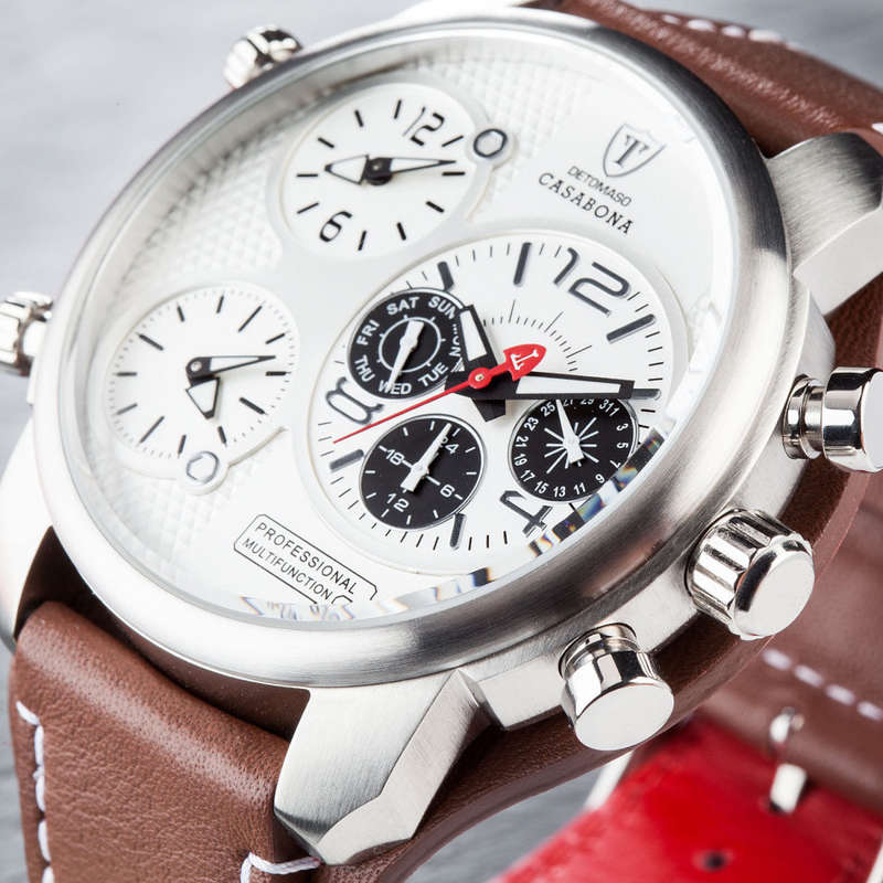 3 Time Zone* DETOMASO Casabona Mens Watch XXL Multifunction Stainless Steel Brown Leather Watch New