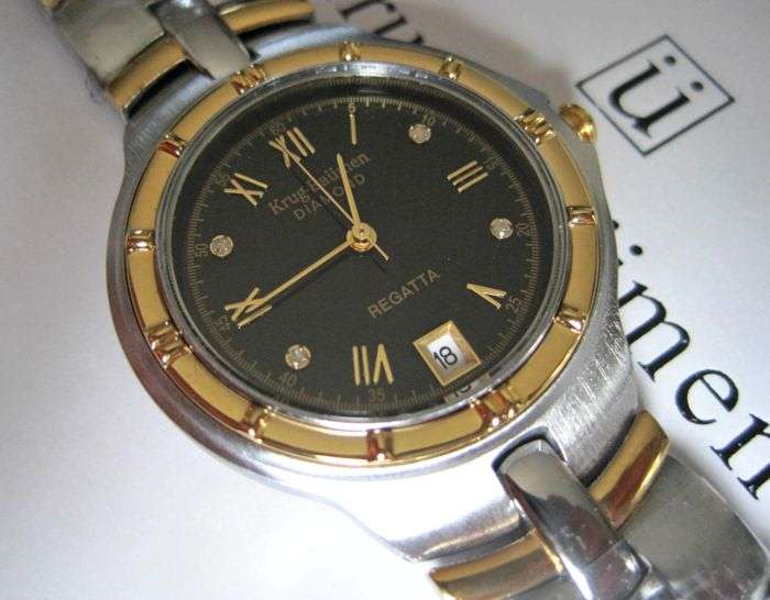 Retail - R10,506.28 Krug Baumen MEN Regatta 4X Real Diamonds Black Dial Two Tone Watch