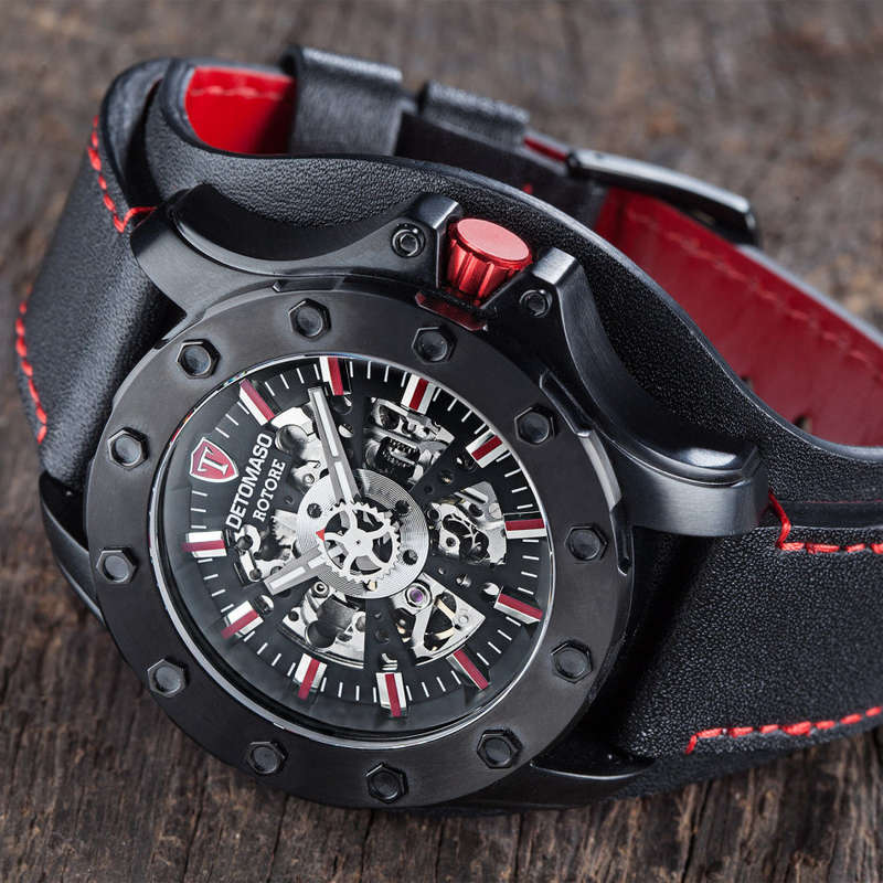 DETOMASO ROTORE Mens Watch Automatic Stainless Steel Black Red Leather Band  Watch