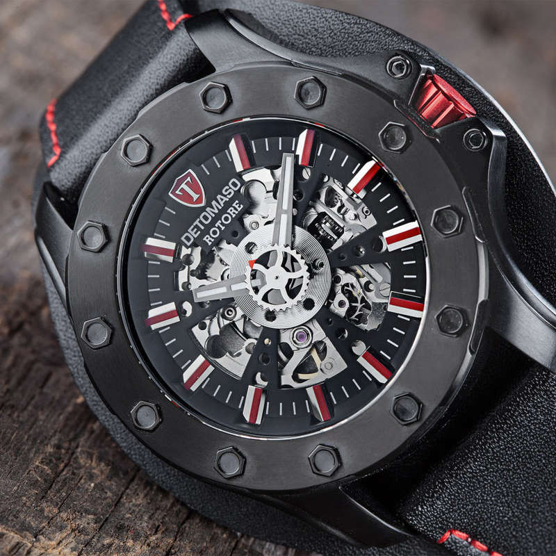 DETOMASO ROTORE Mens Watch Automatic Stainless Steel Black Red Leather Band  Watch