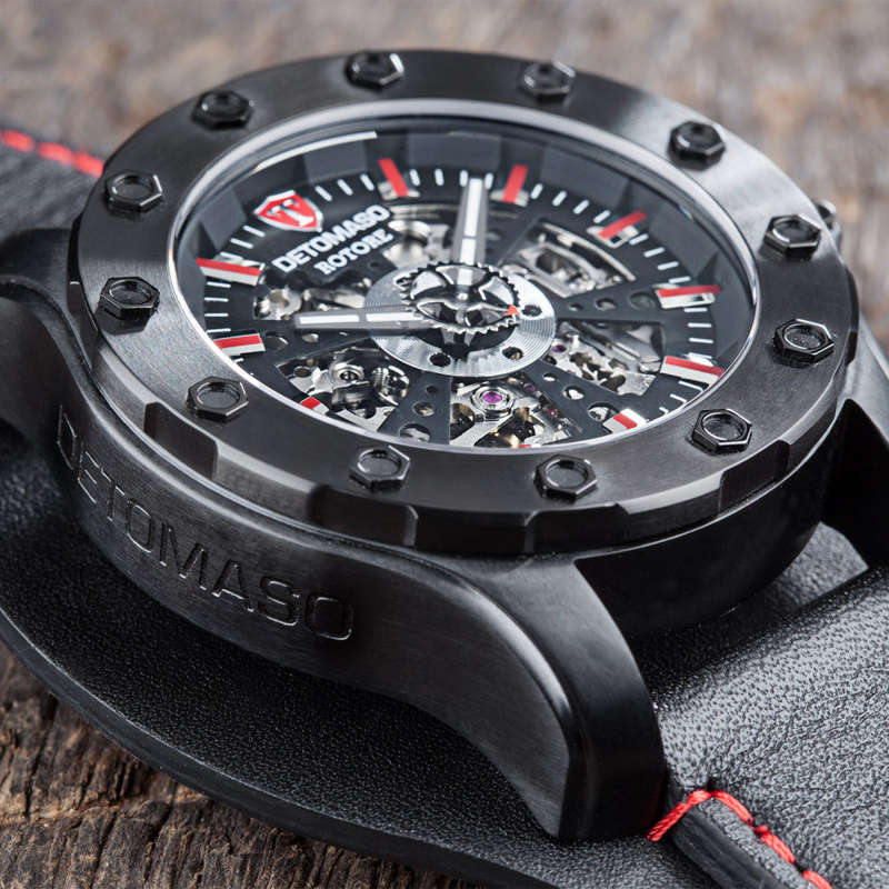 DETOMASO ROTORE Mens Watch Automatic Stainless Steel Black Red Leather Band  Watch