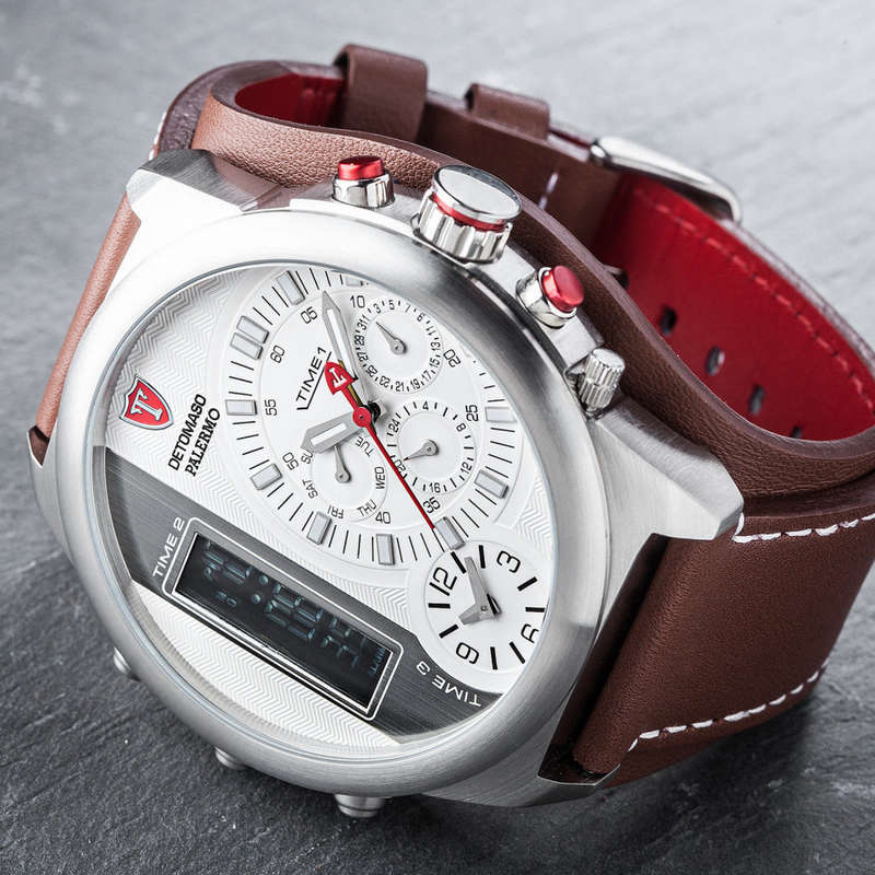 3 Time Zone* DETOMASO Palermo Mens Wrist Watch XXL Chronograph Alarm 3 Time Zones Brown Watch NeW