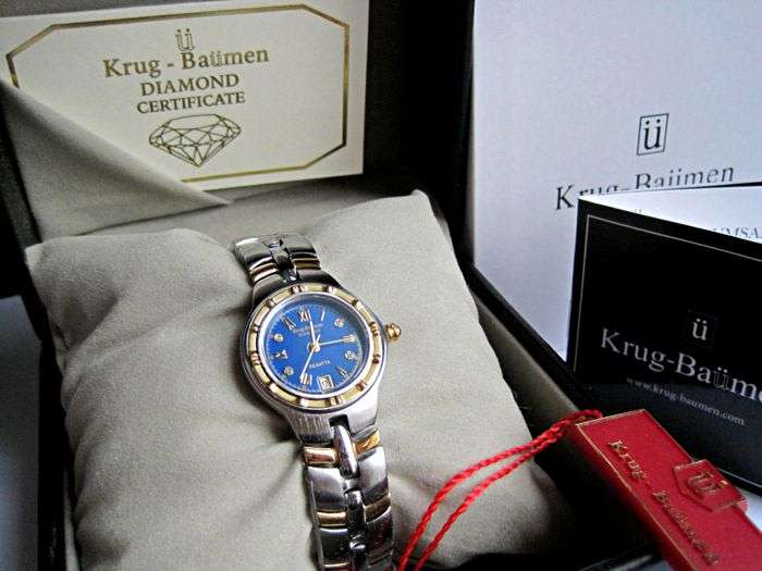 RRP £605 Krug Baumen LADIES Regatta 4X Genuine Diamond Black Dial Two Tone Watch