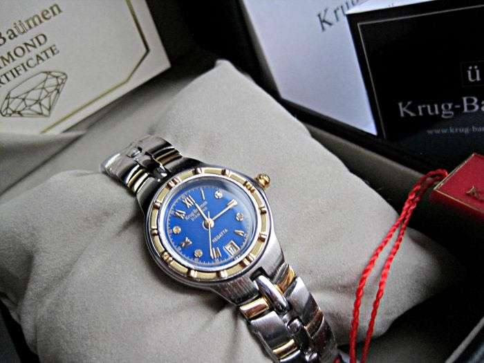 RRP £605 Krug Baumen LADIES Regatta 4X Genuine Diamond Black Dial Two Tone Watch